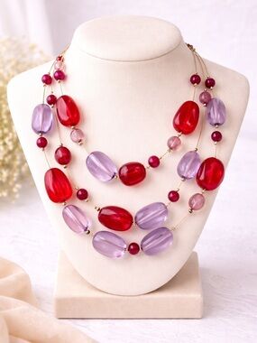 Y2K Chunky Red and Lavender Lucite Beaded Multi Strand Statement Necklace